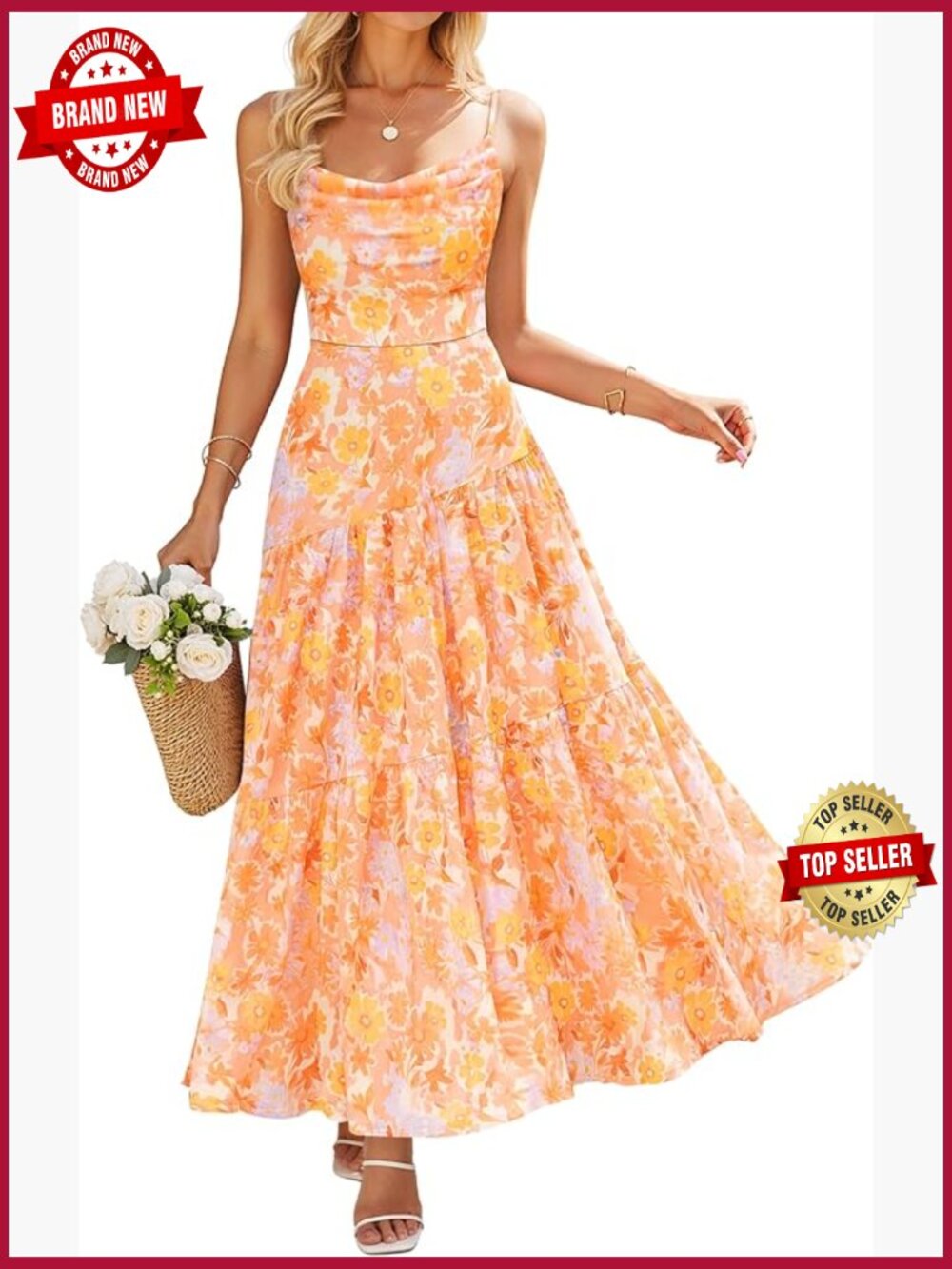 Sleeveless Floral Maxi Dress with Cowl Neck High Waist Flowy Beach Wedding